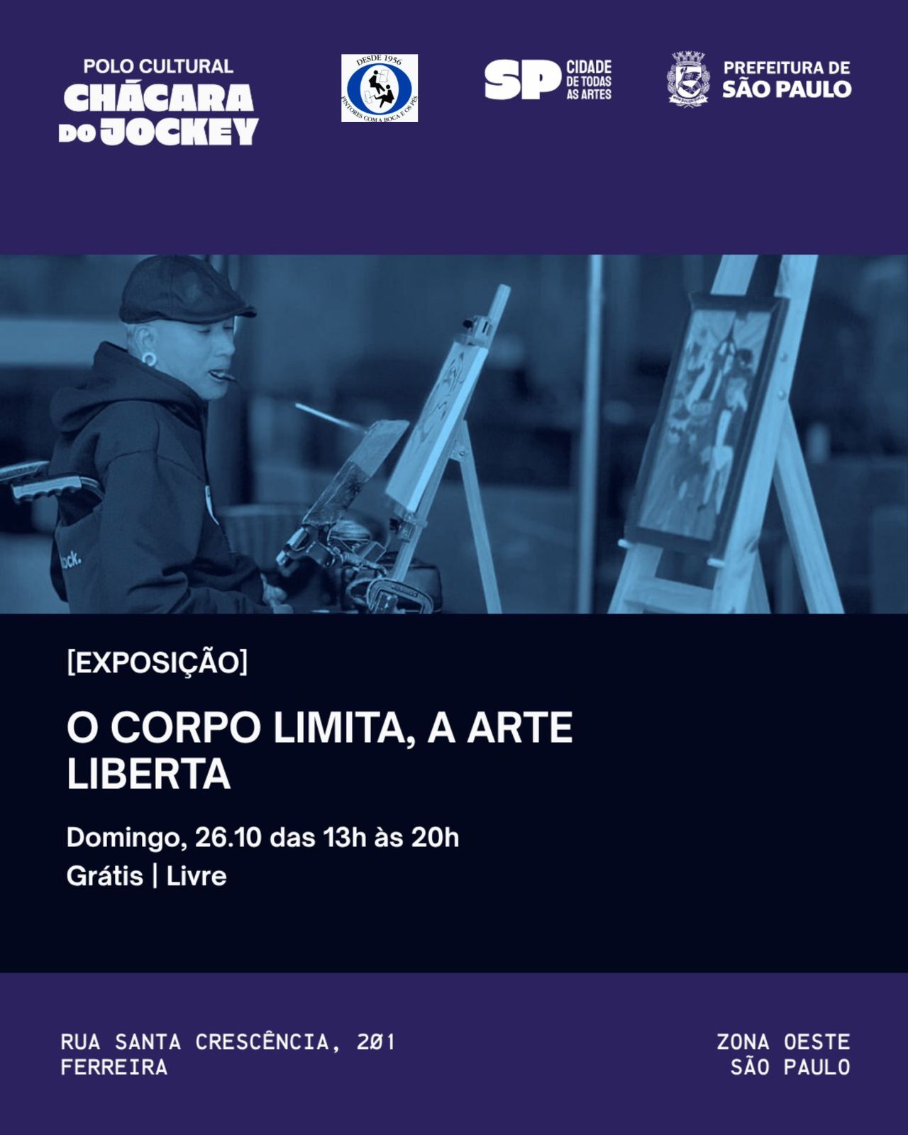 Flyer da exposição O Corpo Limita, a Arte Liberta — Polo Cultural Chácara do Jockey